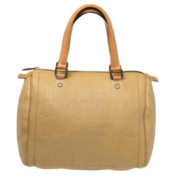 Pre Owned CH Carolina Herrera Beige Embossed Leather Andy Boston Bag