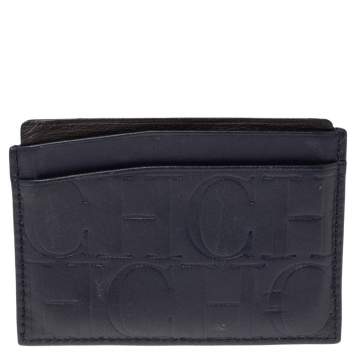 Pre Owned CH Carolina Herrera Navy Blue Monogram Leather Card Holder 