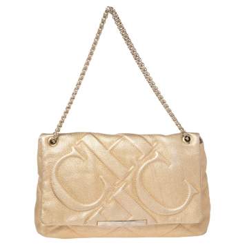 مملوكة مسبقًا CH Carolina Herrera Metallic Gold Embossed Leather Metal Flap Shoulder Bag