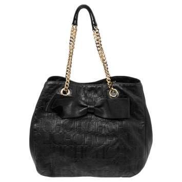 Pre Owned CH Carolina Herrera Black Monogram Leather Audrey Tote