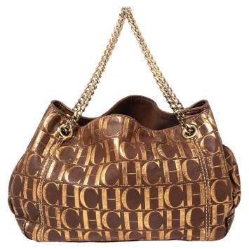 مملوكة مسبقًا Carolina Herrera Brown/Metallic Gold Monogram Leather Chain Shoulder Bag