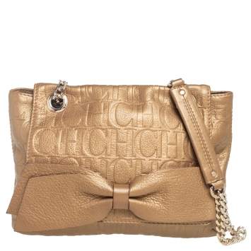 Pre Owned CH Carolina Herrera Gold Monogram Leather Audrey Shoulder Bag 