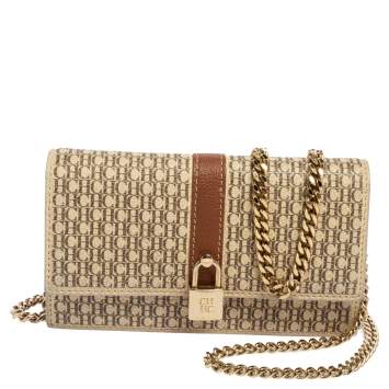 Pre Owned CH Carolina Herrera Beige/Brown Monogram Coated Canvas and Leather Matryoshka Chain Wallet