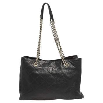 Pre Owned CH Carolina Herrera Black Quilt Pattern Leather Chain Shopper Tote