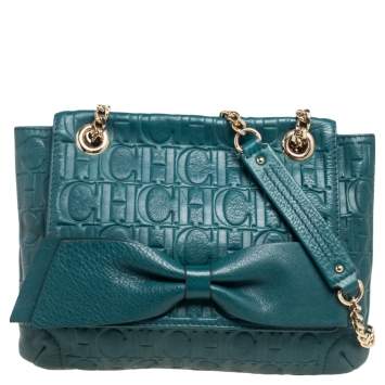 Pre Owned CH Carolina Herrera Green Monogram Leather Audrey Shoulder Bag