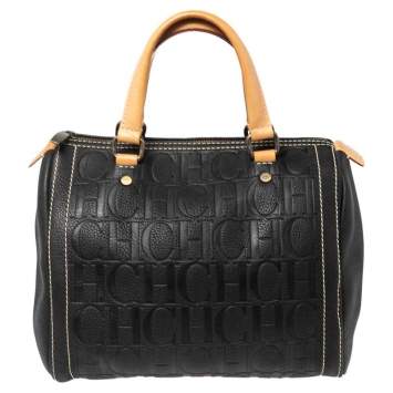 Pre Owned CH Carolina Herrera Black Embossed Leather Andy Boston Bag