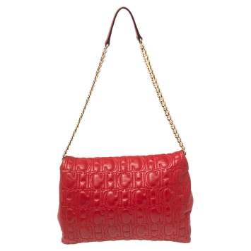 Pre Owned CH Carolina Herrera Red Monogram Leather Flap Chain Shoulder Bag 