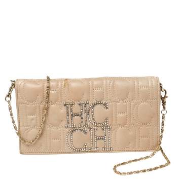 Pre Owned CH Carolina Herrera Beige Monogram Quilted Leather Crystal CH Wallet On Chain