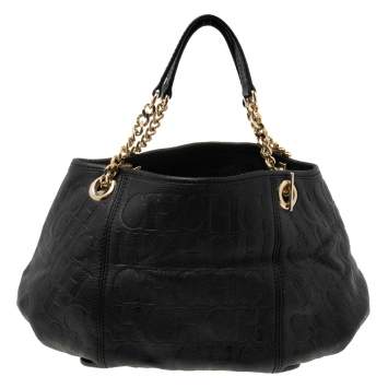 Pre Owned CH Carolina Herrera Black Monogram Leather Chain Hobo