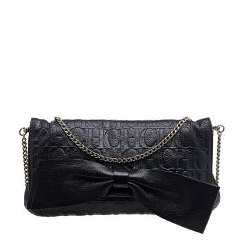 Pre Owned Carolina Herrera Black Embossed Leather Audrey Bow Flap Shoulder Bag