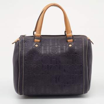 Pre Owned CH Carolina Herrera Dark Purple/Brown Monogram Embossed Leather Andy Boston Bag