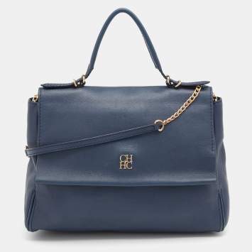 Pre Owned CH Carolina Herrera Navy Blue Leather Minuetto Top Handle Bag