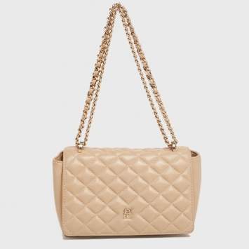 Pre Owned CH Carolina Herrera Beige Quilted Leather Flap Shoulder Bag