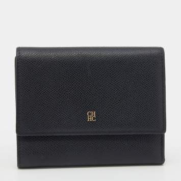 Pre Owned CH Carolina Herrera Black Leather Tri Fold Wallet