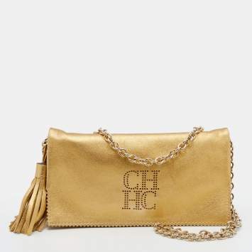 Pre Owned CH Carolina Herrera Metallic Gold Perforated Logo Leather Flap Tassel Shoulder Bag