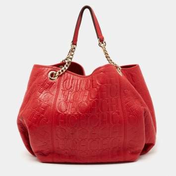 Pre Owned CH Carolina Herrera Red Monogram Embossed Leather Chain Hobo