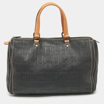 Pre Owned CH Carolina Herrera Dark Grey Monogram Embossed Leather Large Andy Boston Bag