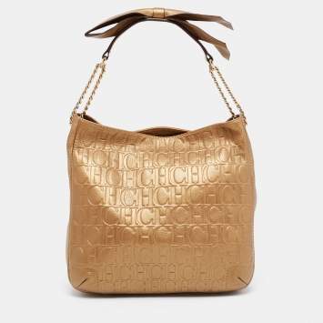 Pre Owned CH Carolina Herrera Metallic Gold Embossed Leather Chain Bow Hobo
