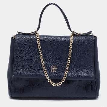 Pre Owned CH Carolina Herrera Blue Leather Minuetto Flap Top Handle Bag