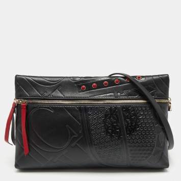 Pre Owned CH Carolina Herrera Black Monogram Embossed Leather Front Zip Crossbody Bag