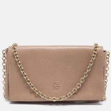 Pre Owned CH Carolina Herrera Beige Leather Flap Chain Crossbody Bag