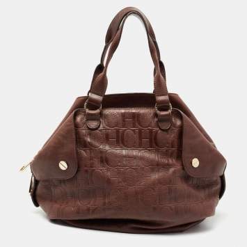Pre Owned CH Carolina Herrera Dark Brown Monogram Embossed Leather Zip Satchel