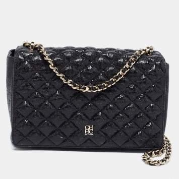 Pre Owned CH Carolina Herrera Black Quilted Shimmer Fabric Flap Chain Shoulder Bag