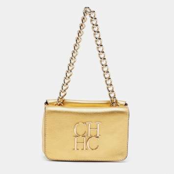Pre Owned CH Carolina Herrera Gold Leather Logo Double Flap Chain Baguette Bag