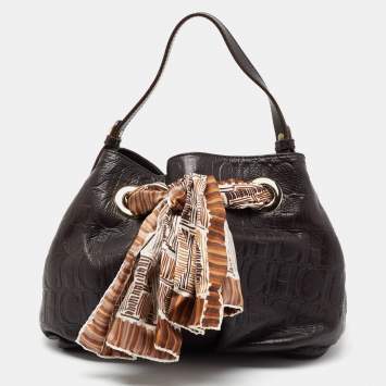 Pre Owned CH Carolina Herrera Dark Brown Monogram Embossed Leather Scarf Hobo