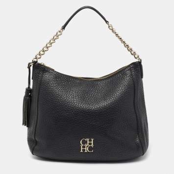 Pre Owned CH Carolina Herrera Black Leather Chain Tassel Hobo