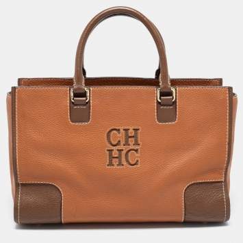 Pre Owned CH Carolina Herrera Brown Leather Front Logo Tote