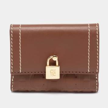 Pre Owned CH Carolina Herrera Tan Monogram Leather Matryoshka Lock Compact Wallet