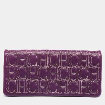 Pre Owned CH Carolina Herrera Purple Monogram Embroidered Leather Flap Clutch