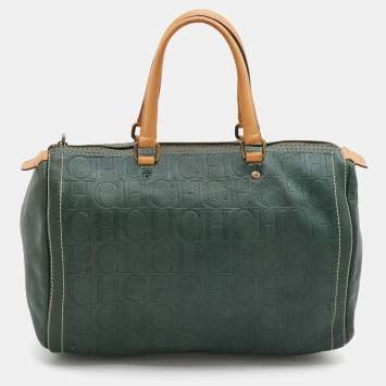 Pre Owned CH Carolina Herrera Green/Beige Monogram Embossed Leather Large Andy Boston Bag