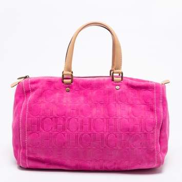 Pre Owned CH Carolina Herrera Pink Monogram Embossed Suede And Leather Andy Boston Bag