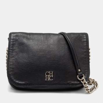 Pre Owned CH Carolina Herrera Black Leather Chain Flap Shoulder Bag