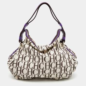 Pre Owned CH Carolina Herrera Beige/Purple Monogram Canvas and Leather Double Strap Hobo