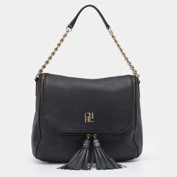 Pre Owned CH Carolina Herrera Black Leather Tassel Shoulder Bag