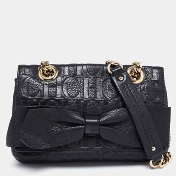 Pre Owned CH Carolina Herrera Black Monogram Embossed Leather  Mini Audrey Shoulder Bag