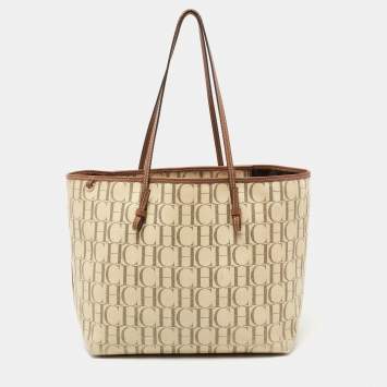 Pre Owned CH Carolina Herrera Cream Coated Canvas Logo Tote