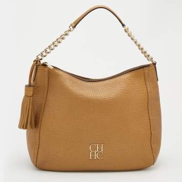 Pre Owned CH Carolina Herrera Gold Leather Chain Tassel Hobo
