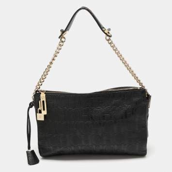 Pre Owned CH Carolina Herrera Black Logo Embossed Leather Shoulder Bag