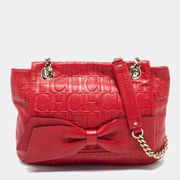 Pre Owned CH Carolina Herrera Red Monogram Leather Audrey Shoulder Bag