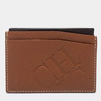 Pre Owned CH Carolina Herrera Tan Monogram Embossed Leather Card Holder