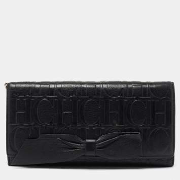 Pre Owned CH Carolina Herrera Black Monogram Embossed Leather Bow Flap Clutch