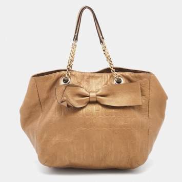Pre Owned CH Carolina Herrera Metallic Beige Monogram Leather Audrey Tote
