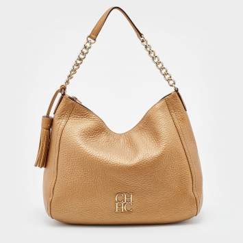 Pre Owned CH Carolina Herrera Metallic Gold Leather Chain Tassel Hobo