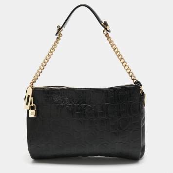 Pre Owned CH Carolina Herrera Black Monogram Leather Shoulder Bag