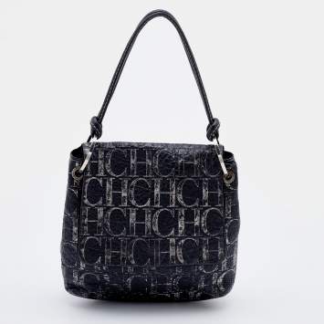 Pre Owned CH Carolina Herrera Black/Silver Monogram Embossed Leather Flap Shoulder Bag