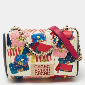 Pre Owned CH Carolina Herrera Multicolor Print Embroidered Leather Flap Shoulder Bag